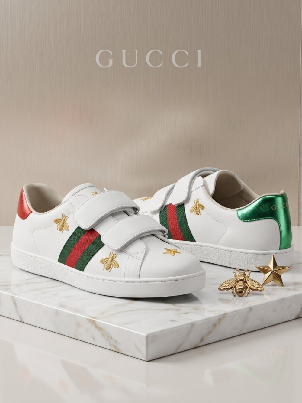 NIB Gucci Ace Junior White Leather Bee Star Velcro Sneakers Size 35